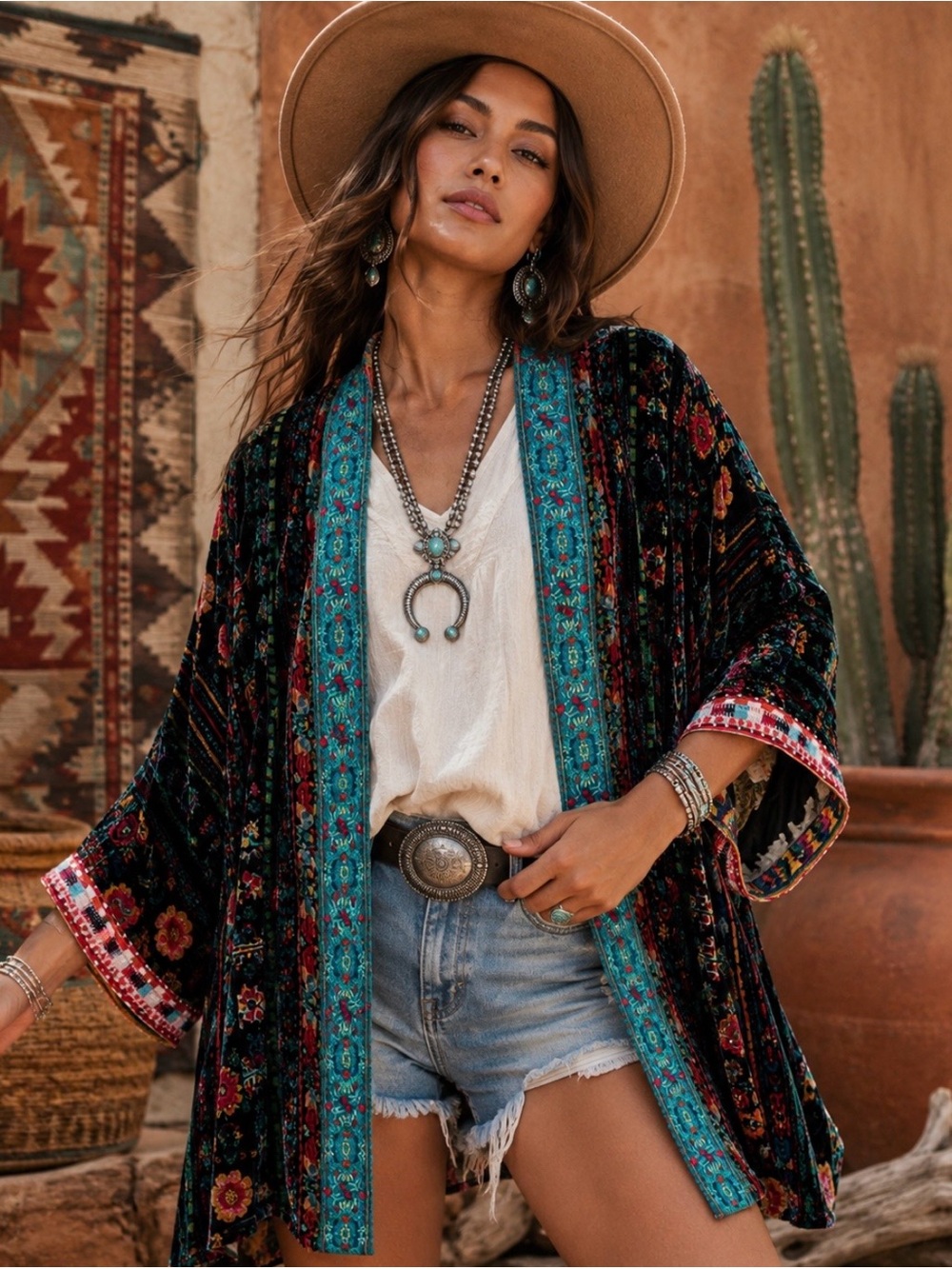 Johnny Was Oversized Velvet and Silk Reversible Kimono with front pockets